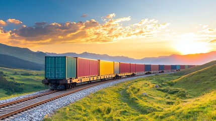 Fototapeta premium A vibrant freight train travels through lush green hills under a stunning sunset, highlighting the beauty of transportation and nature.