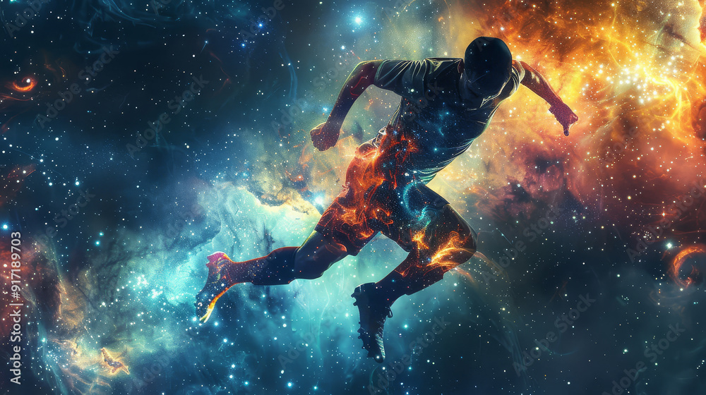 Wall mural football soccer player in dynamic action pose, double exposure effect blending the player with a cel