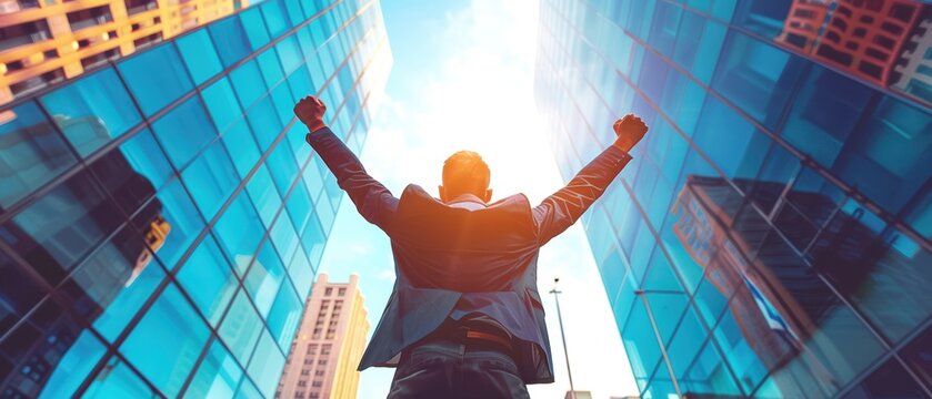 Businessman raising arms in triumph in front of skyscrapers, symbolizing success and achievement in the corporate world.