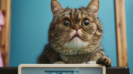 A cat is standing on a scale and looking at the camera