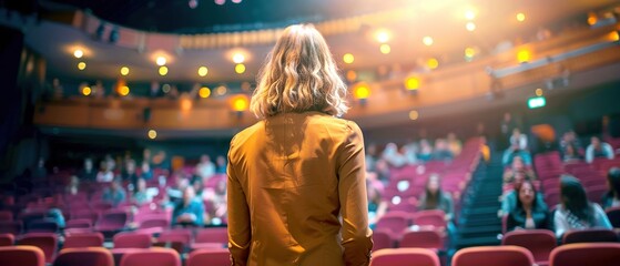 Fototapeta premium Person standing on stage in a theater with audience in background, illuminated by stage lights, capturing the essence of performance and anticipation.
