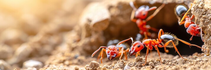 Close-up photo of ants working together around their nest entrance, showcasing teamwork and nature's intricate details in the wild outdoors.