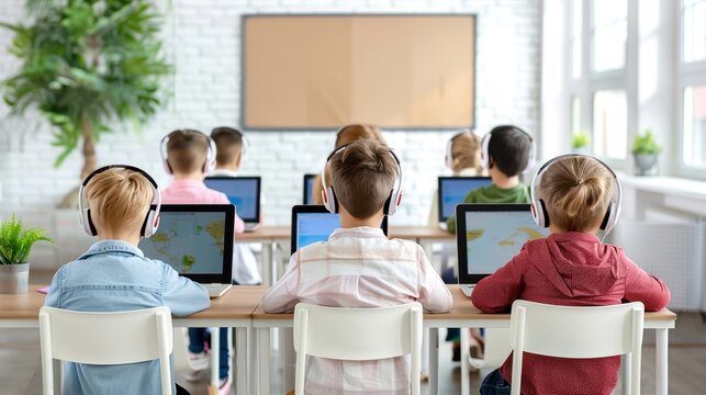 Students in a classroom focusing on their laptops while wearing headphones, learning in an interactive educational environment.