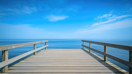 Obraz premium A quiet wooden pier stretching over a still sea, with a vast blue sky overhead, representing the essence of summer relaxation and adventure