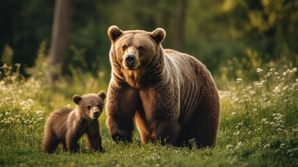 Obraz premium Wildlife view from nature .bear with a cub in the open forest with white flowers.