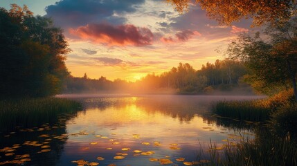 Fototapeta premium A serene outdoor landscape bathed in the warm hues of sunset, capturing the peaceful transition from day to night in nature.