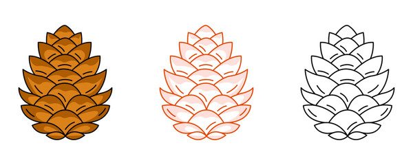 Pine or fir cone, forest tree fruit. Colorful and line icon set. Vector botanical flat outline icon, monochrome and color illustration. For logo, sticker, coloring book, label