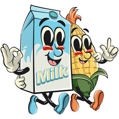 character of a cute milk box cartoon vector isolated clip art mascot illustration walking with the corn character while giving oke signs, work of hand drawn