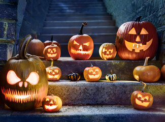 Scary Halloween pumpkins on stairs ,culture, holiday