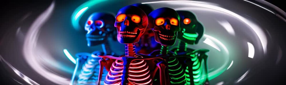 neon colored skeletons against swirling white streaks. Halloween background. Halloween web site banner