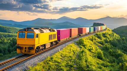 A vibrant yellow train freight travels through lush green hills at sunset, showcasing the beauty of nature and transport.