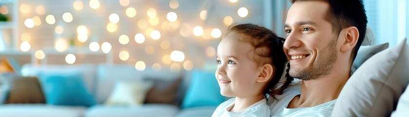 Fototapeta premium Father and daughter enjoying quality time at home, smiling and looking happy in a cozy living room setting with warm lighting.