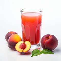 A glass of fresh apricot juice with apricot fruits, isolated on a white background. The glass is half-full, and the juice is a light orange color. Ripe and juicy apricots with green leaves.