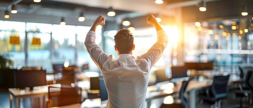 Man celebrating success in modern office with arms raised in triumph, symbolizing achievement and victory under warm lighting.