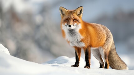 Obraz premium Close-up of a red fox standing on the snow in a winter landscape, with soft natural light and a blurry background.