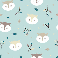 Seamless pattern with cute owl and foliage on green background. Used for fabric, textile, wallpaper, wrapping. Vector illustration