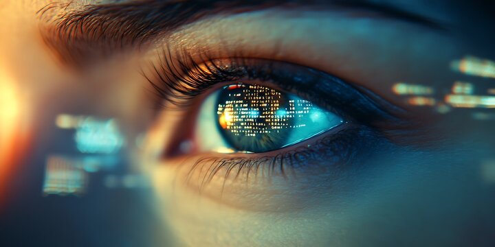 Close-up of a human eye with digital code reflected in the iris.