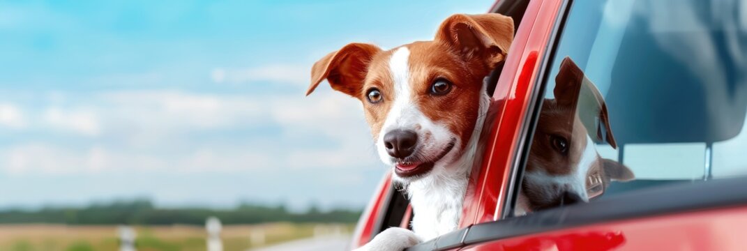 Happy dog enjoying a car ride with its head out of the window on a sunny day in the countryside. - Powered by Adobe