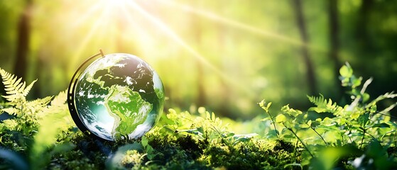 Transparent globe on lush green foliage, sunlight filtering through, symbolizing environmental awareness