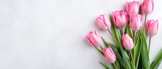 A beautiful arrangement of pink tulips lying on a light gray background, perfect for spring and floral themed projects or design elements.