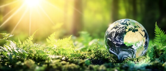 Transparent globe on lush green foliage, sunlight filtering through, symbolizing environmental awareness