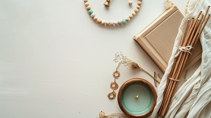 Fototapeta premium Prayer, serene flat lay arrangement with spiritual items rosary beads, prayer book, incense stick, soft lighting, muted pastel background, ample copy space for text, minimalist aesthetic, 2D flat lay 