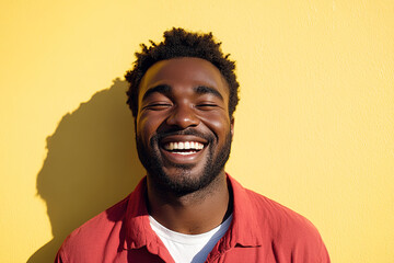 Obraz premium Professional Close-Up of a Black Man Smiling and Laughing in Red Shirt and White T-Shirt, Sunlight Enhancing His Joyful Expression Against Yellow Wall