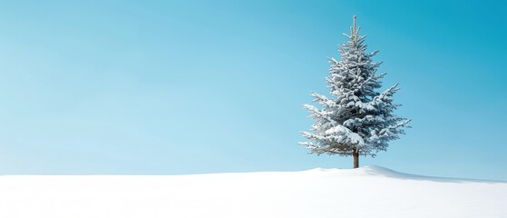 Lonely snow-covered pine tree standing in a vast snowy landscape under a clear blue sky, depicting winter serenity and solitude.
