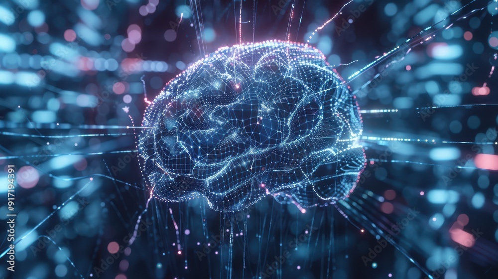Poster AI brain made of interwoven data streams, analytics graphs emerging from the neural pathways, metallic silver and deep blue color scheme, ultra-detailed 