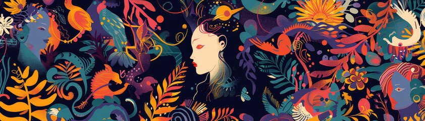 mythology wallpaper with copy space, flat graphic illustration, vibrant colors, intricate patterns, ancient gods and mythical creatures, elegant and modern design, perfect for digital backgrounds and 