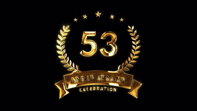 53rd Anniversary Celebration. Happy 53 Years Anniversary Animation in Gold Color on the Transparent Background, Alpha Channel. Great for greetings, celebrations, events, and gifts.