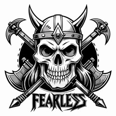 A Viking skull with bloodied weapons