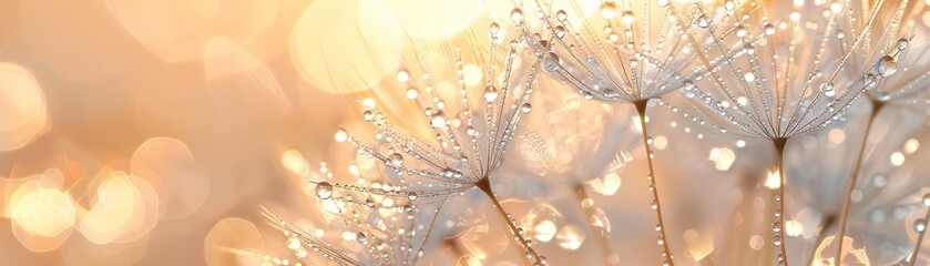 Close-up of a dew-covered dandelion seed head captured at dawn, highlighting the intricate details and delicate water droplets sparkling in the soft morning light --ar 7:2 Job ID: f2023b49-e47d-4a4b-8