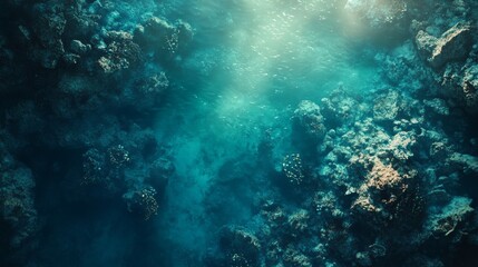 Underwater view of a vibrant coral reef with sunlight filtering through the turquoise water, ideal for oceanic exploration and marine conservation