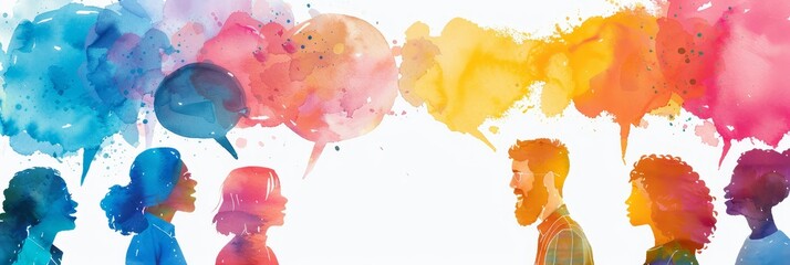 The image represents communication, diversity, collaboration, understanding, and creativity through a diverse group of people sharing ideas using colorful speech bubbles.