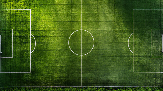 The vibrant green soccer field features clear white lines and two goals, bathed in bright sunlight