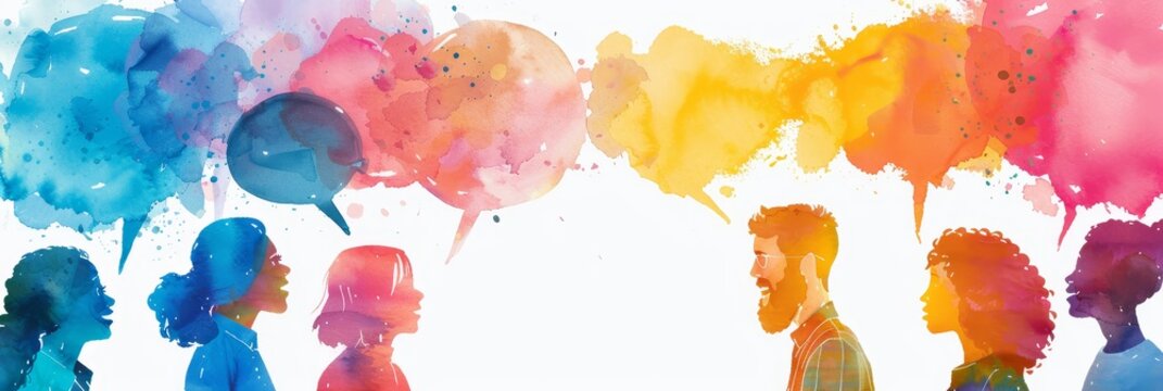 The image represents communication, diversity, collaboration, understanding, and creativity through a diverse group of people sharing ideas using colorful speech bubbles.