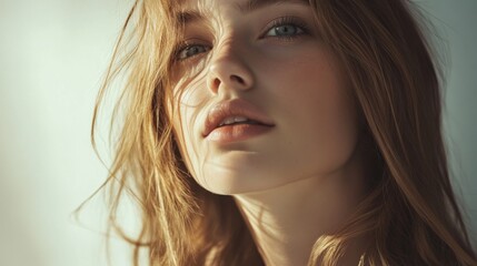 Naklejka premium Close-up portrait of a young woman with sunlight illuminating her face, soft shadows and relaxed expression