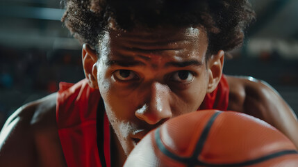 Close-up shot of a basketball player intensely focused, sweat glistening, ready to take on the next challenge during a game.