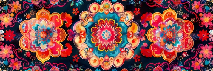 Folklore-inspired wallpaper with copy space, 3D flat lay design, vibrant colors, intricate patterns, traditional motifs, harmonious blend of cultural elements, high-resolution for stockphoto use, idea