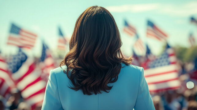 female politician wearing light blue suit from behind looking over crowd of american supporters with flags - Powered by Adobe
