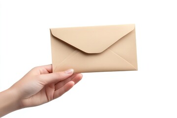 Blank envelope holding hand isolated on white background