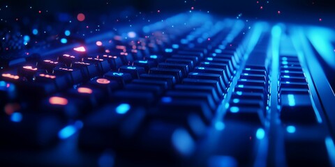 Obraz premium illuminated keyboard keys, vibrant blue lighting, perfect for technology-themed backgrounds and digital art.