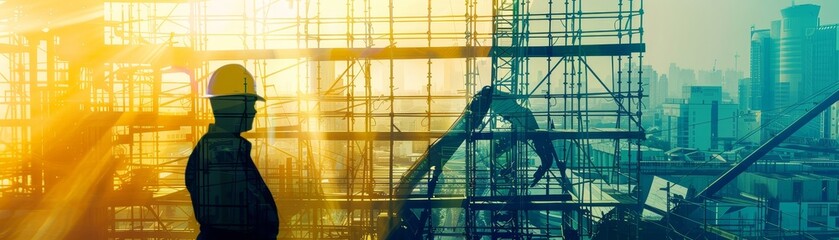 Fototapeta premium Construction worker operating machinery, double exposure with bustling cityscape and scaffolding, vibrant hues, crisp details, professional stock photo.