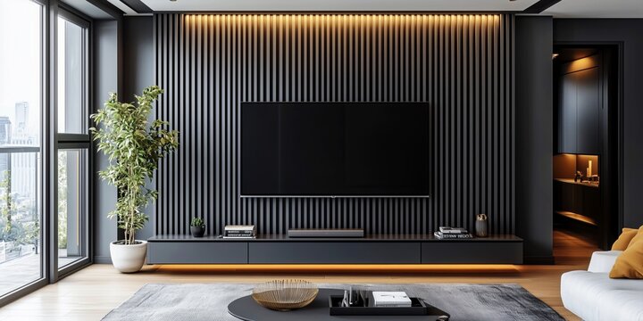 Modern TV unit wall with minimal design featuring vertical slats and black accents, ideal for contemporary living room decor.