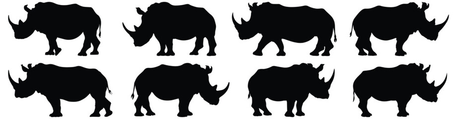 Rhino silhouettes set, animal pack of vector silhouette design, isolated background