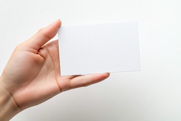 Obraz premium Blank greeting card holding hand isolated on white background