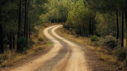 Fototapeta premium Gravel road in pine forest, rustic and rural charm