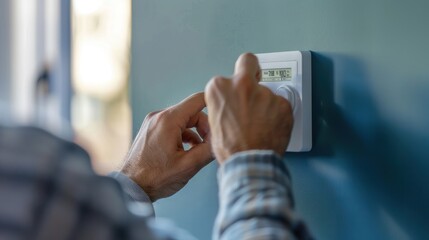 Homeowner adjusting thermostat for residential HVAC