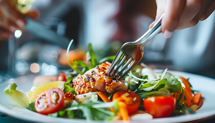 Person enjoying a colorful, appetizing meal, captured in the act of cutting food with a fork and knife